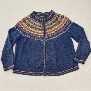 Tiara International Cardigan Sweater Womens Small Blue Nordic Full Zip Fair Isle